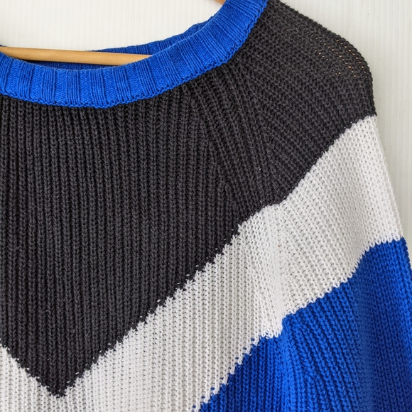 EXPRESS chunky oversized colorblock royal blue ribbed knit crewneck sweater - Picture 6 of 8